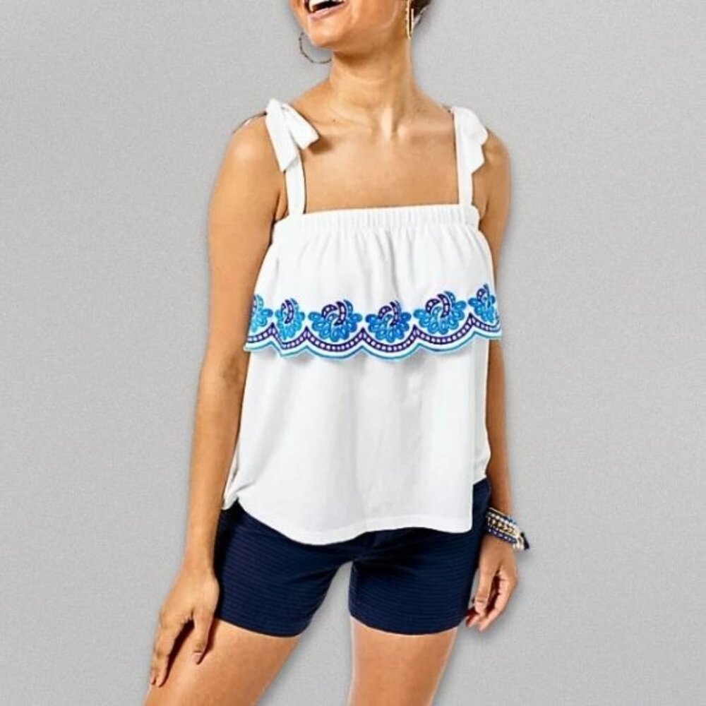 Lilly Pulitzer Camisole Embroidered White Blue Tie Shoulder Ruffle Top XS